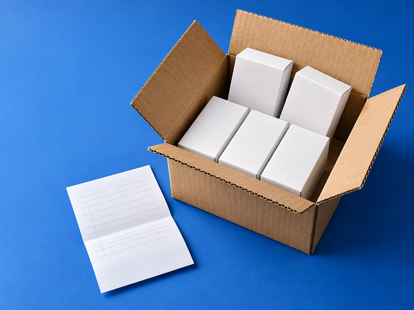 Five unbranded sample packs in an open shipping carton